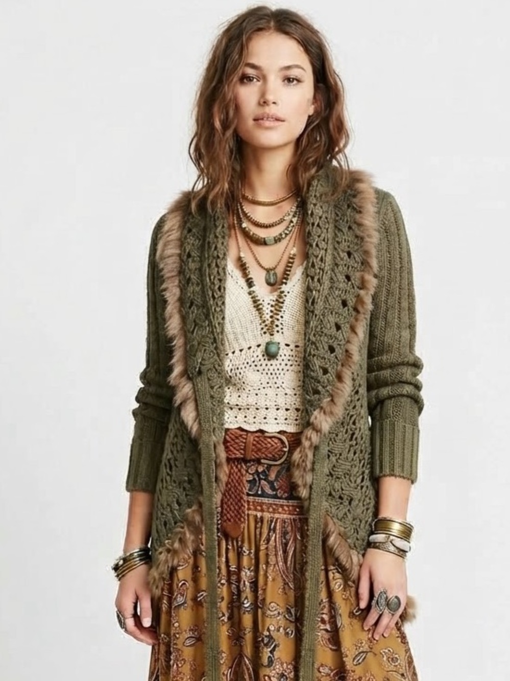Boho Goblincore Open Knit Crochet Shawl Cardigan Rabbit Fur Mandala Earthy Cozy